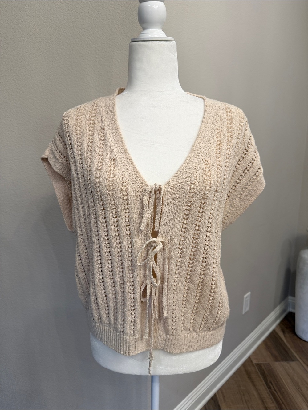 LOFT Beige Knit V-Neck Tie-Front Sweater